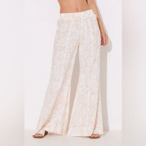 Wide Leg Pull On Pants Elastic Waistband Tropical Beach Print